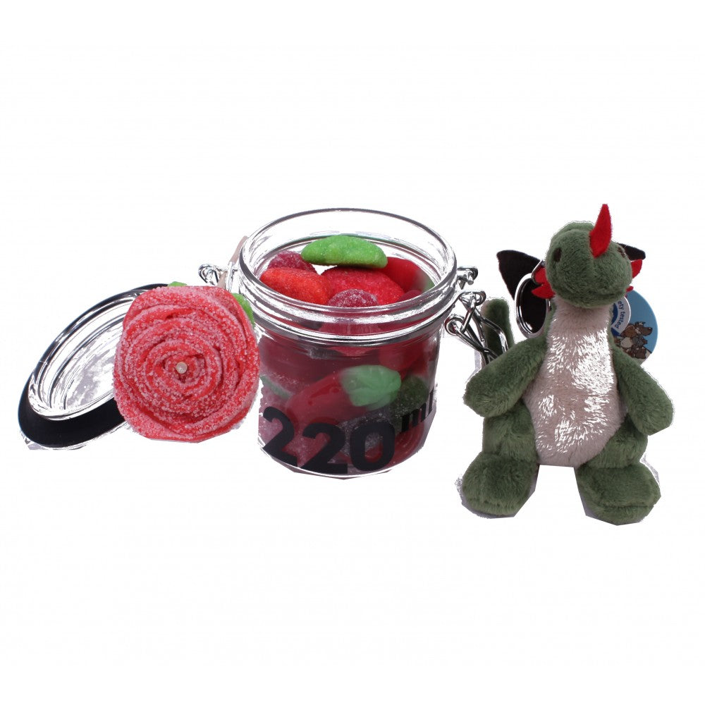 LLAVERO DRAGÓN VERDE CON CHUCHES Y ROSA