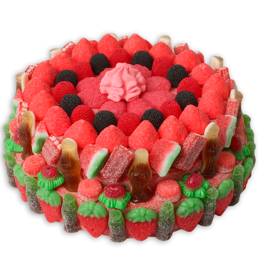 Tarta grande de chuches rojas