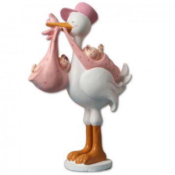 Figura cigüeña para bautizo con gemelas